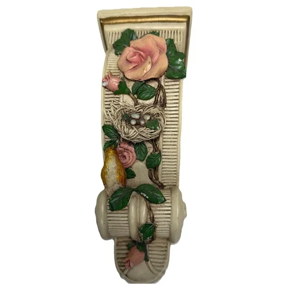 Drape Scarf Holder‎ Cream Gold Trim Rose Green Leaves Birds Nest Eggs CHIPPED