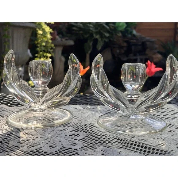 1960s Vintage Glass Lotus Candle Holders Pair Mid Century  Wheat Sheaf/winged