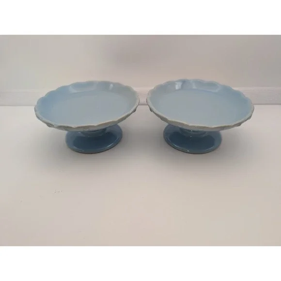 Pair of Blue Ceramic Pedestal Mini Cupcake Stand Candle Holder Trinket/Soap Dish