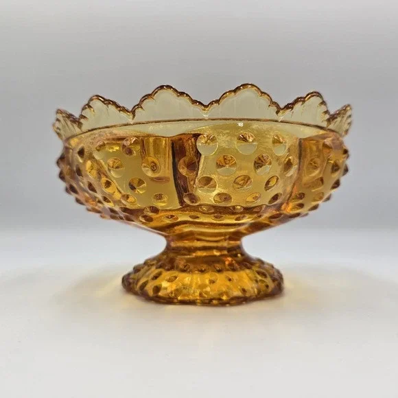 VTG Fenton Amber Hobnail Footed Glass Candle Holder Bowl Pat 3547569 MCM