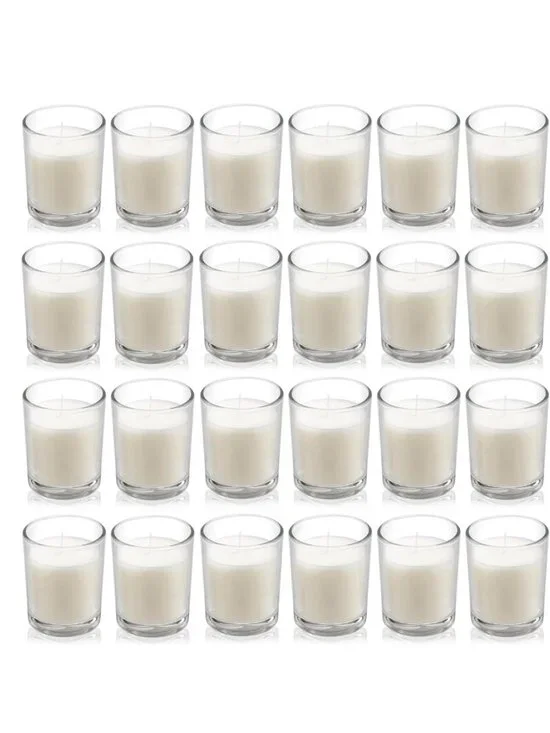 24 Pack Warm White Unscented Glass Votive Candles - Hand Poured Wax for Spa