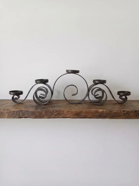 Wrought Iron Candelabra Centerpiece Black Scrollwork Tiered Candle Holder 5-Arm