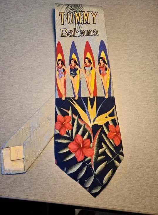 Tommy Bahama 100% Silk Necktie. Tropical Pinup girls and Surfboards