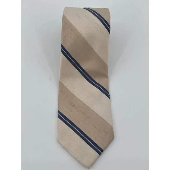 Robert Talbott Dick Bruhn Mens Silk Tie Beige Navy Blue Striped Hand Sewn USA