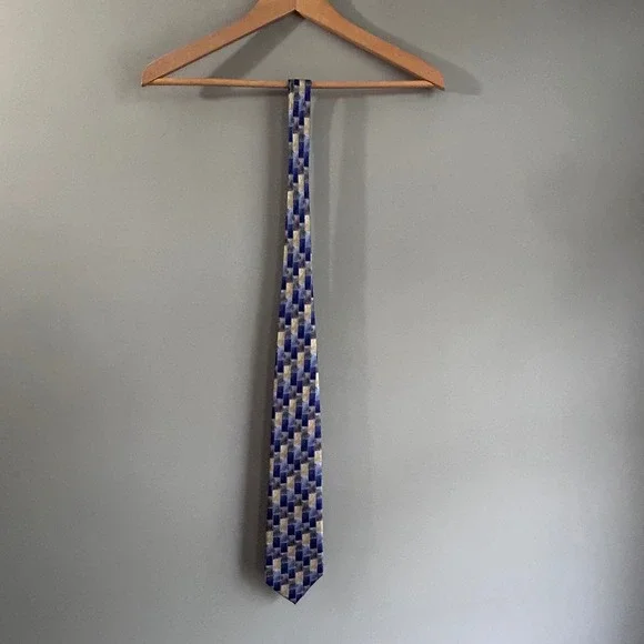 Cocktail Colors Mens Silk Tie Blue Gold Grey Geometric Patchwork Hand Made 61.5