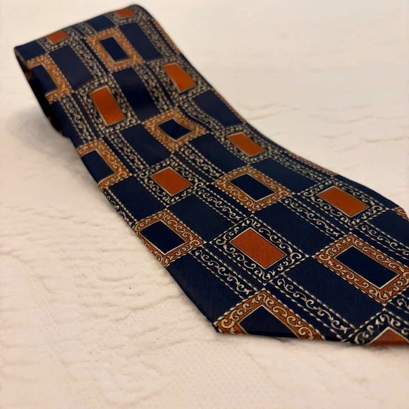 Don Loper Beverly Hills Mens Silk Tie Navy Blue Orange Geometric Made in USA