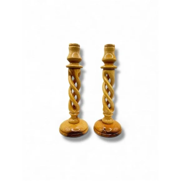 Vintage Candlestick Holders Olive Wood Twisted Spiral 9