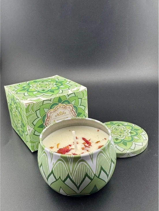 Lemon Scented Decorative Candle in Green Patterned Tin with