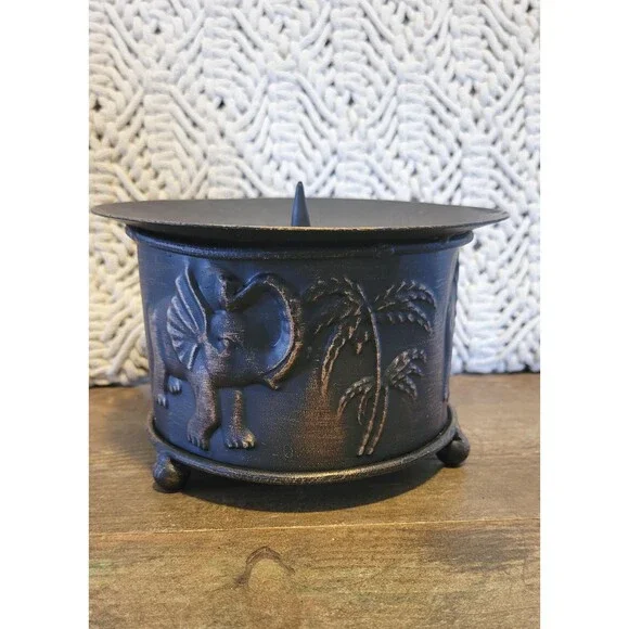 1980s Metal Elephant and Palm Tree Candle Holder for Large Pillar Candles Exotic