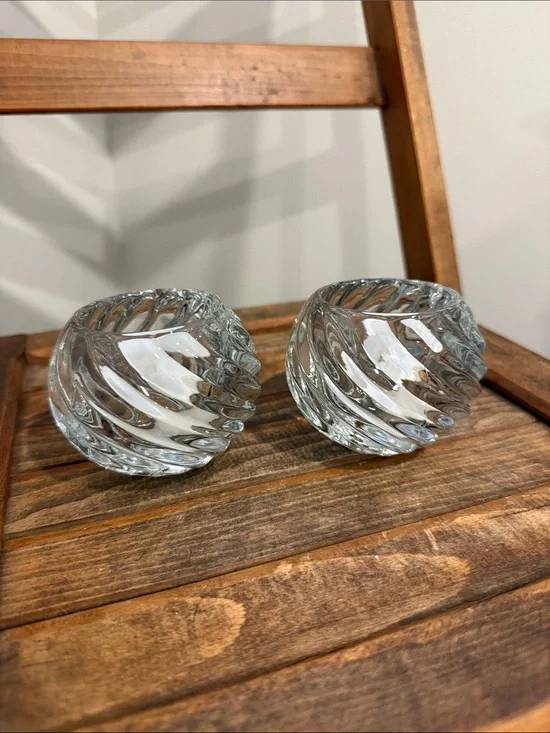 Pair Heavy Clear Swirl Glass Votive Candle Holders Thick Spiral Optic Tea light
