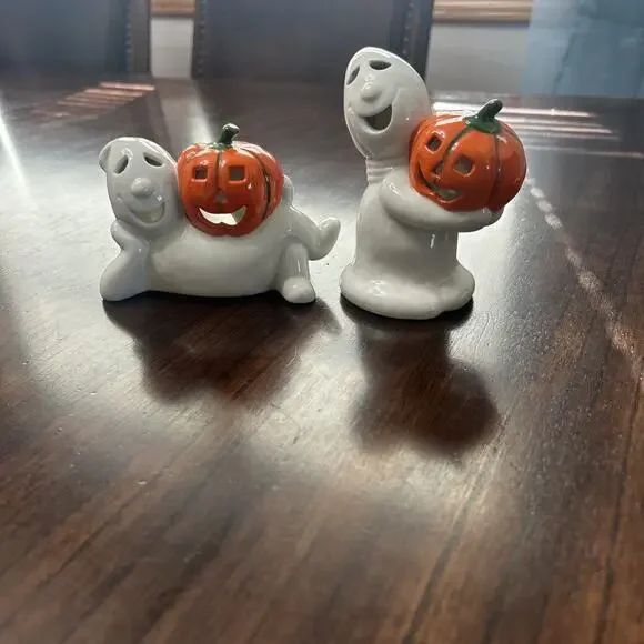 Vintage Halloween Ceramic Ghost Pumpkin Jack O Lantern Tea Light Holders