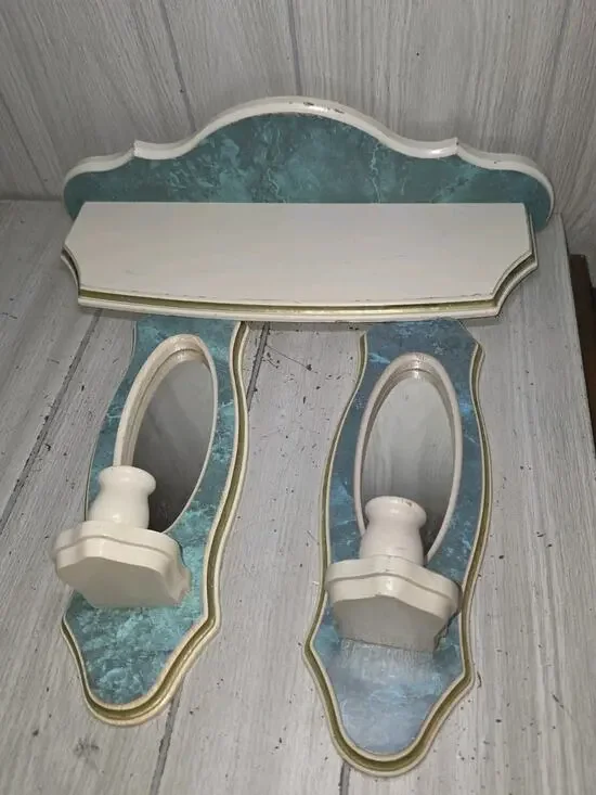 Vintage Mirrored Sconces & Shelf Marbled Green White Scalloped Heritage MCM