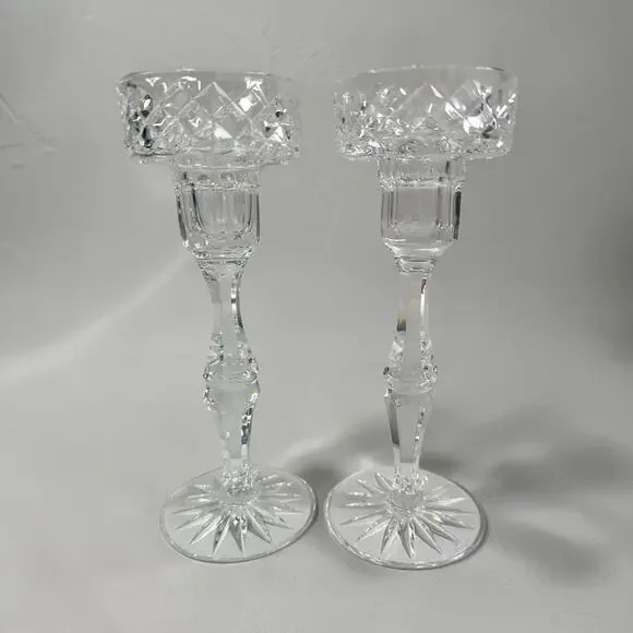 FINTONA By TYRONE CRYSTAL 2 Diamond Cut Candle Holders Ireland Retired 7 3/4 “