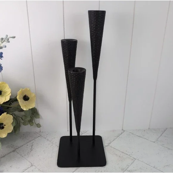 Mid-Century Modern Brutalist 3 Triple Candle Holder Candelabra Dimpled Metal 18”