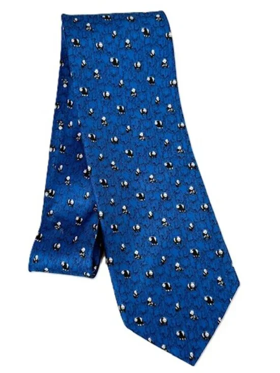 Kailong Vintage Mens Tie Handmade 100% Silk Panda Bears & Bamboo Blue Dress