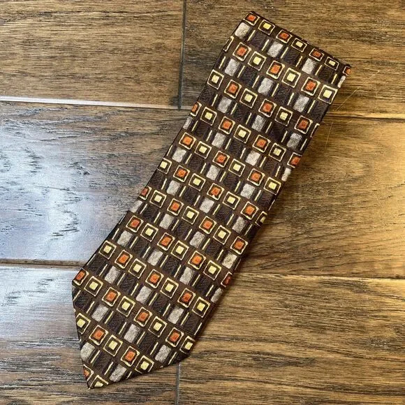 Ermenegildo Zegna Brown Silk Jacquard‎ Geo Square Neck Tie Length 58