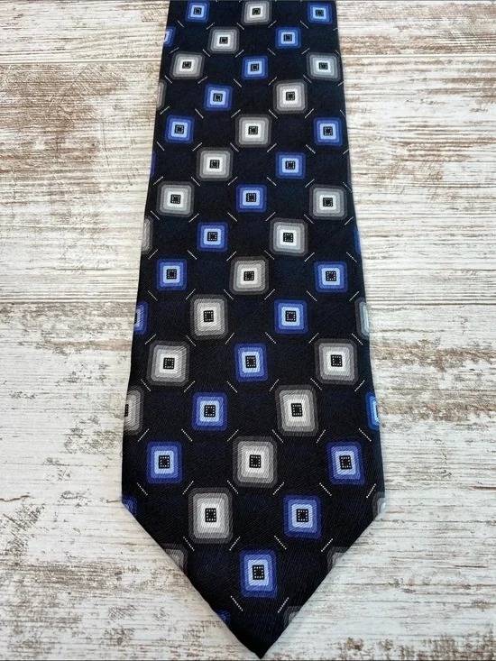 Haggar Geometric Tie Mens 58x4 Black Blue Silver Square Pattern Necktie