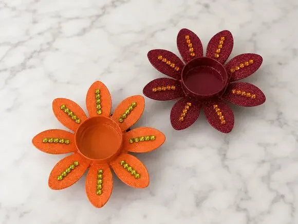 Lot Of 2 Red/orange Flower Tealight Holder With Glitter And Rhinestone Embellish