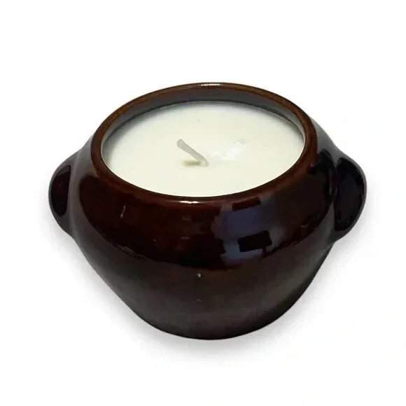 Handmade Brown Ceramic Bean Pot Honey Scented Candle Unique Upcycled Decor E26
