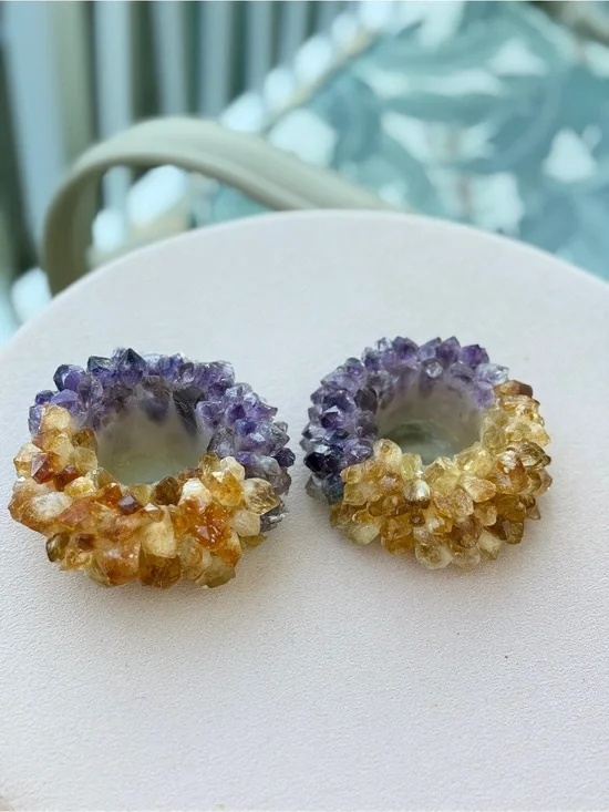 Handmade Amethyst & Citrine Candle Holders, Natural Gems - Set of 2