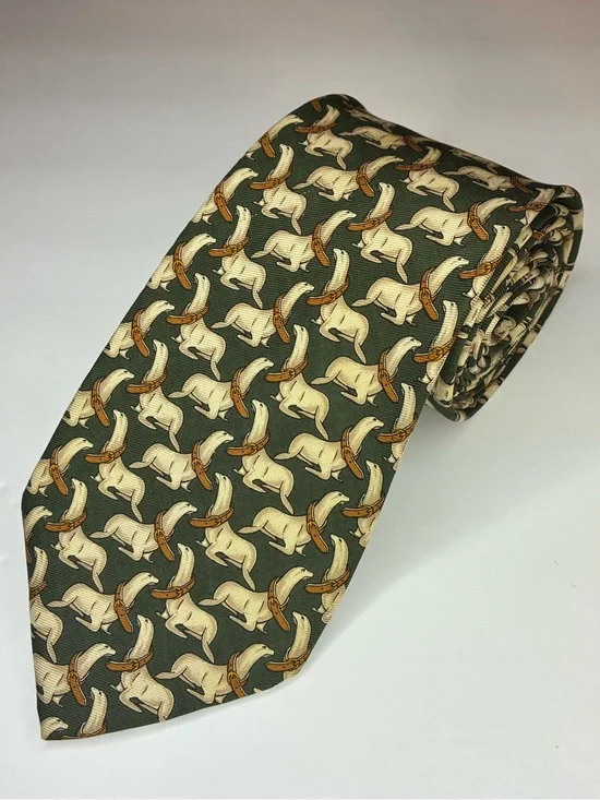 Brooks Brothers Makers Silk Tie Vintage Green Sea Lion Seal Animal Print Preppy
