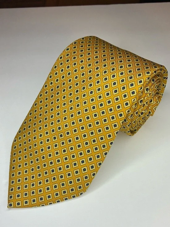 Brooks Brothers Makers Mens Silk Tie Yellow Blue Foulard Geometric Medallion USA