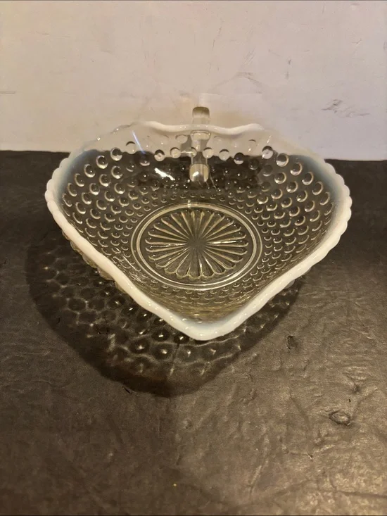 Anchor Hocking Moonstone Hobnail Heart Shaped Handled Dish Opalescent Glass