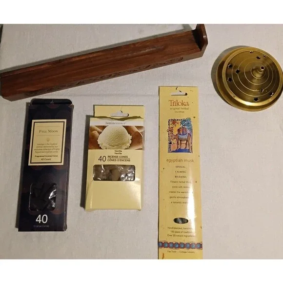 Incense Holders & Insence Sticks Cone Wood Stick & Brass Cone Holder Bundle