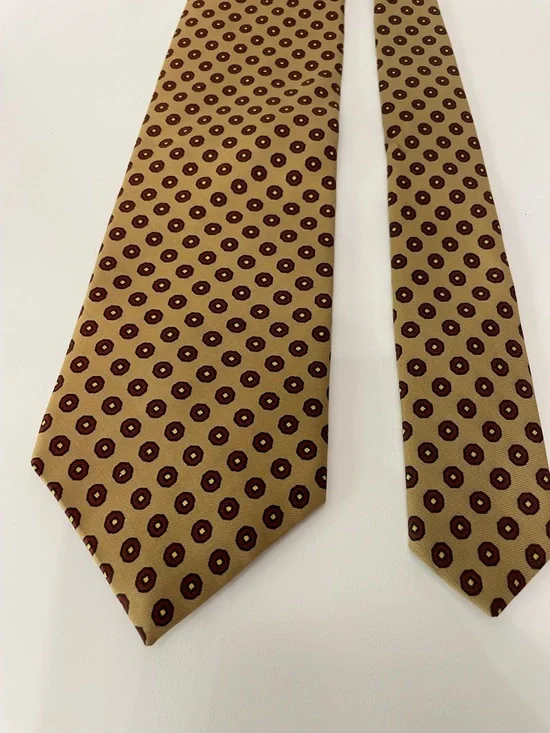 Men’s Tan Silk Tie with Burgundy Geometric Dot Pattern