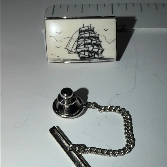 Silver Scrimshaw Style Ship Design Tie Clip