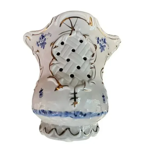 Vintage Tall White Blue Floral Porcelain Candle lamp Cover Cottagecore Victorian