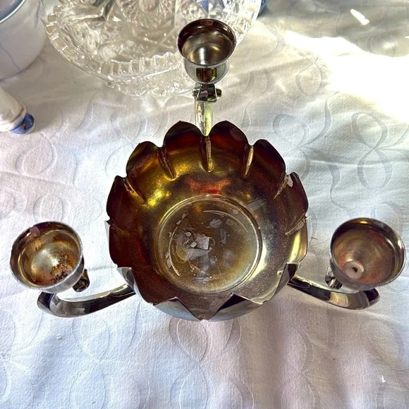 vintage Reed & Barton silver-plated 3-arm candle holder in a lotus flower design