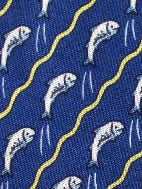 100% REAL HERMES TIE ~ BLUE w WHIMSICAL SALMON FISH SWIMMING UPSTREAM WAVES XL