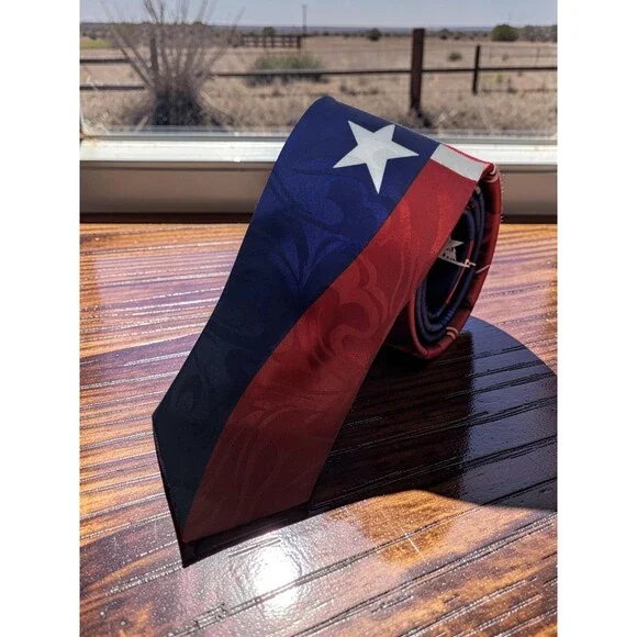 Roberto Cellini Texas Flag Tie Red White Blue Gray Star Scroll 58”x 3.75