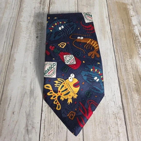 Tabasco Mens Silk Necktie Navy Blue Seafood Fish Shrimp Hot Sauce Novelty Tie