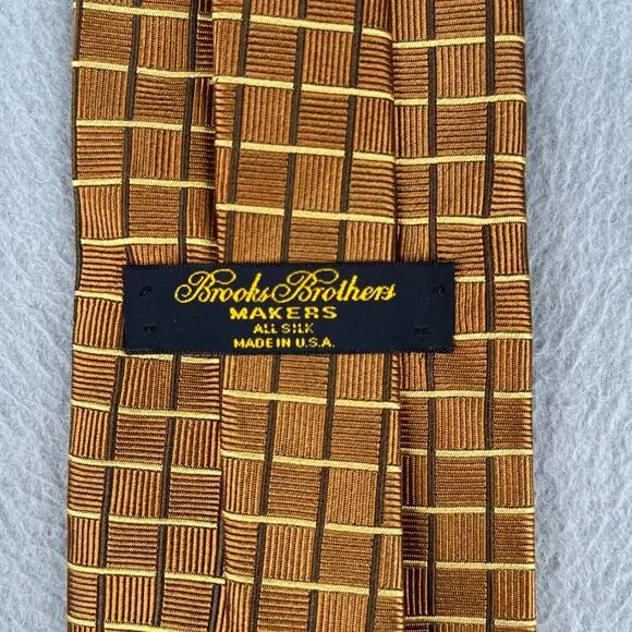 Brooks Brothers Silk Makers Necktie Gold Check Made In USA Tie