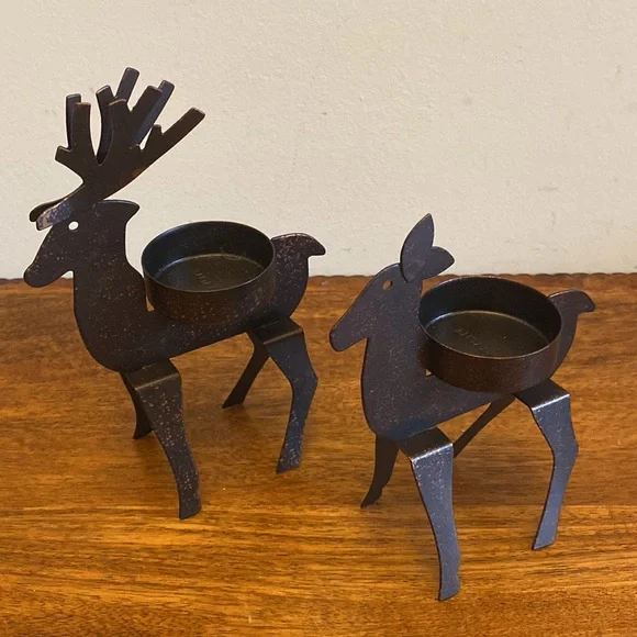 Vintage PartyLite Metal Deer Candle Holders Pair Bronze Buck & Doe Set