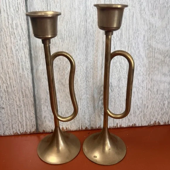 2 Vintage Brass Candlesticks Horn Shaped Made in Taiwan | 1960s 1970s