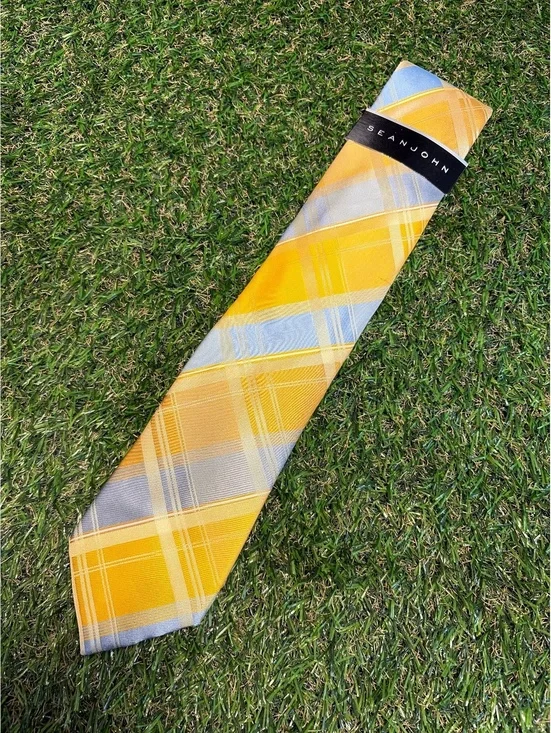 Sean John Large Plaid Yellow and Gray Tie