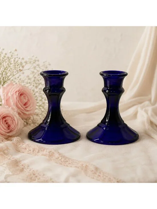 Vintage Blue Glass Candlestick Holders Set of 2 Romantic Cobalt Taper Candle MCM