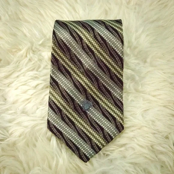 Versace Luxury Designer Silk Black Gray Stripe Print 4 inches Tie Necktie