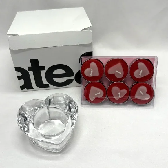 Crate and Barrel Candle Holder Heart Shaped Solid Glass Tea Light Votive Candles