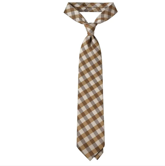 VINTAGE Lands End Silk Tie Long Tan Cream Check Necktie Classic