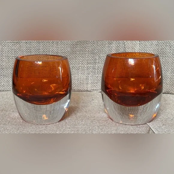 Orange Glass Candle Holder Set Rounded Base Goblin Core Boho Harvest Halloween