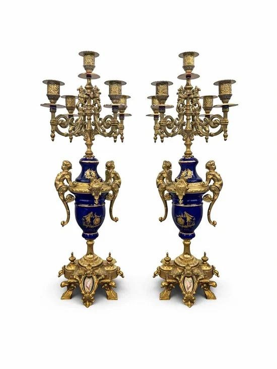 Pair Italian Cobalt & Gilt Rococo 5-Light Candelabra – Brevettato