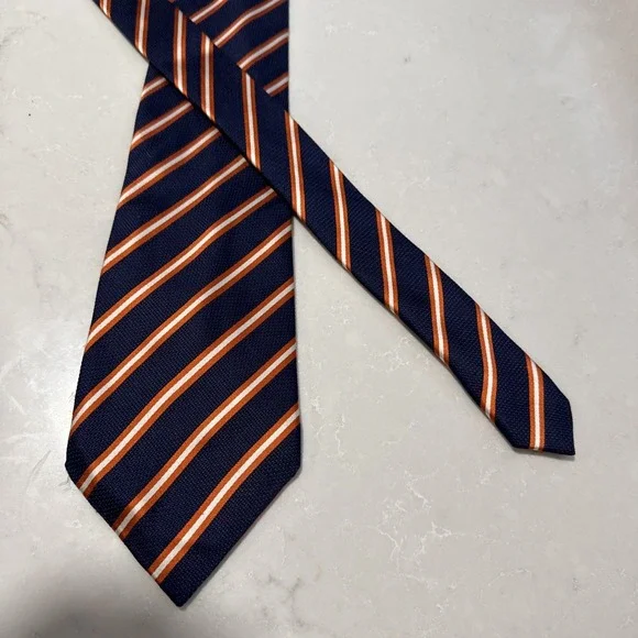 Silk Repp Tie Blue‎ Orange Striped 100% Silk 59