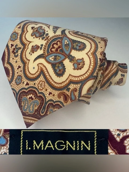 Vintage I. MAGNIN Paisley Classic Luxury Silk Tie in Cream, Blue & Brown, 3.75”