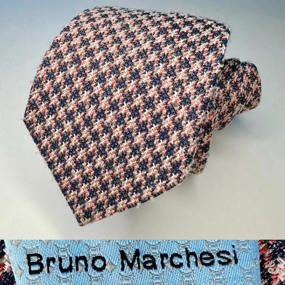 BRUNO MARCHESI Silk Cotton Textured Navy & Pink Houndstooth Classic Tie, 3”