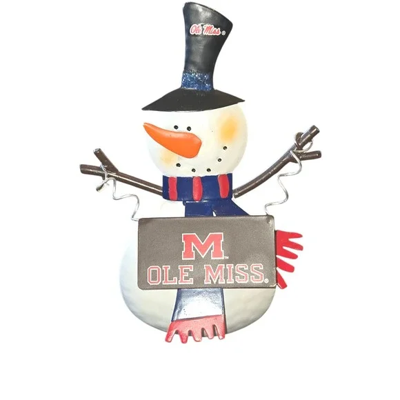 Ole Miss Rebels Snowman Metal Candle Holder NCAA‎ Holiday Decor Blue Red 8 in
