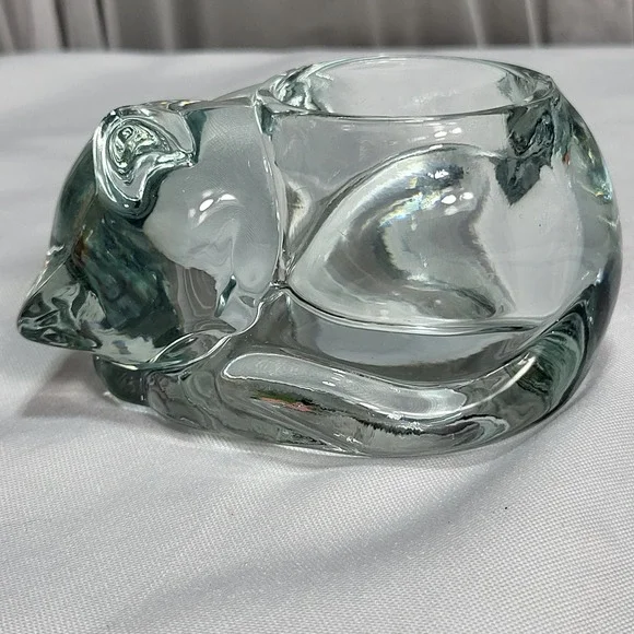 Vintage Clear Glass Sleeping Kitty Cat Votive Tea Light Candle Holder‎
